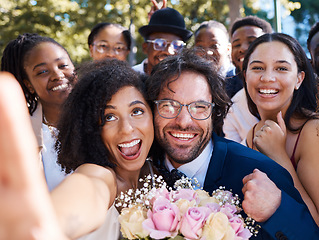 Image showing Friends, bride and groom with wedding selfie for outdoor ceremony celebration of happiness, love and joy. Marriage, happy and interracial relationship photograph of togetherness with excited guests