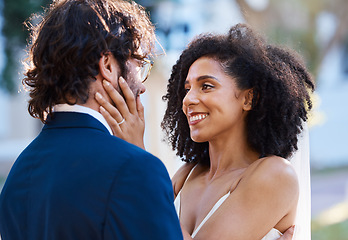 Image showing Interracial couple wedding, black woman and man with excited smile, happiness or future together. African bride, husband and diversity at outdoor marriage for love, embrace or eye contact in sunshine