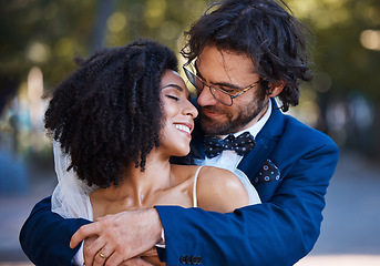 Image showing Wedding, couple hug and marriage outdoor with commitment, trust and love with bride and groom in park. Happiness, life partner with married man and black woman, interracial relationship and smile