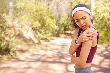 Image showing Shoulder pain, exercise injury and woman in park for sports training, running and fitness mockup. Athlete, arm and joint problem outdoor from performance risk, first aid emergency or workout accident