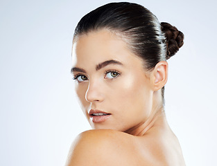 Image showing Skincare, beauty and face of woman isolated in white background in natural cosmetics, young glow and makeup. Brazilian model or person portrait for dermatology results, facial or wellness in studio