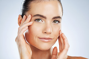 Image showing Beauty woman and face zoom for skincare portrait with hydration, self care and natural glow of people. Dermatology, aesthetic and healthy skin of person on isolated gray studio background