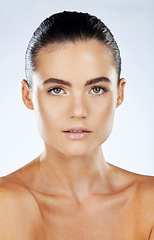 Image showing Skincare, beauty aesthetic and portrait of woman on white background for cosmetics, makeup and facial treatment. Luxury spa, dermatology and face of female for glowing skin, healthy body and wellness