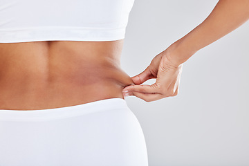 Image showing Woman, back and weight wellness in lingerie for healthcare, skincare beauty or body training in white background. Model, tummy tuck or gut health for exercise motivation or abdomen nutrition diet