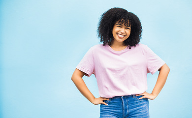 Image showing Studio mock up, happy portrait and black woman smile for sales promo, discount gift deal or mockup space. Advertising girl, marketing product placement and African model isolated on blue background