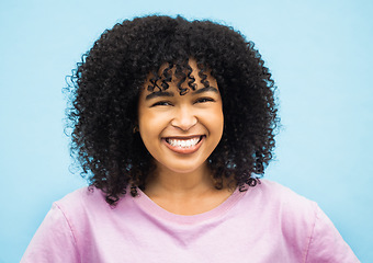 Image showing Fashion, smile and portrait of black woman on blue background with makeup, cosmetics and beauty. Mockup space, advertising and happy face of African girl for positive mindset, attitude and confident