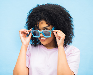 Image showing Smile, sunglasses and happy with portrait of black woman for summer, fashion and beauty. Adventure, holiday and happiness with face of girl model and eyewear for weekend, trip and travel vacation