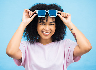 Image showing Happy, sunglasses and summer with portrait of black woman for smile, fashion and beauty. Adventure, holiday and happiness with face of girl model and eyewear for weekend, trip and travel vacation