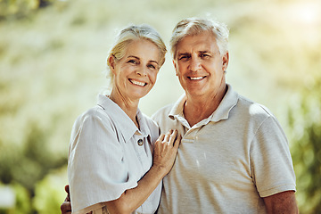 Image showing Love, portrait or happy old couple in nature or park bonding or hugging in a happy marriage partnership. Retirement, senior man or romantic elderly woman together on a calm relaxing holiday vacation