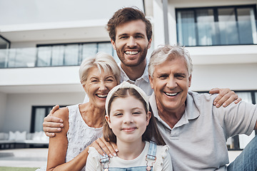 Image showing Happy family, smile portrait and new home property, homeowner real estate and love together outdoor. Parents happiness, children and quality time in house backyard for support, care and trust outdoor