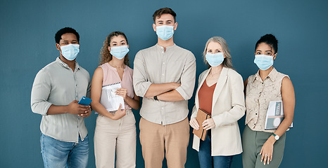 Image showing Portrait, covid and leader with business people in office for health and safety. Leadership, compliance and group of employees, men and women with face mask or ppe to stop coronavirus for wellness.