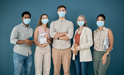 Image showing Covid, portrait and leader with business people in office for health and safety. Leadership, compliance and group of employees, men and women with face mask or ppe to stop coronavirus for wellness.