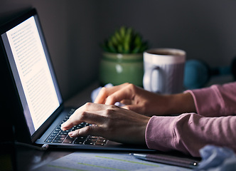 Image showing Hands, laptop and writing in office at night, journalism and article, story and research by inspired writer. Typing, internet and search by male journalist working late on deadline, creative and busy