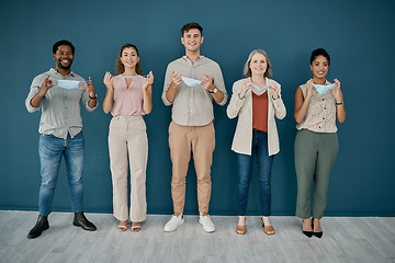 Image showing Portrait, covid and business people take off mask in office, workplace or company. Health compliance, safety and group of happy employees, men and women with ppe to stop corona virus for wellness.