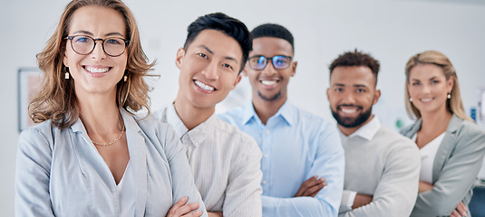 Image showing Confidence, portrait and happy people in leadership, teamwork and our vision for success manager or employees. About us, mission and smile of boss, executive and diversity group in business headshot