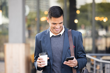 Image showing Smile, travel or business man with phone for networking, social media or communication in London street. Search, coffee or manager on smartphone for research, internet or blog content review outdoor