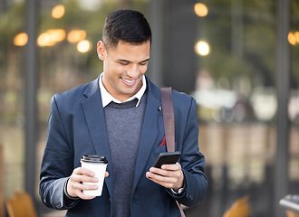 Image showing Travel, happy or business man with phone for networking, social media or communication in London street. Search, Coffee or manager on smartphone for research, internet or blog content review outdoor