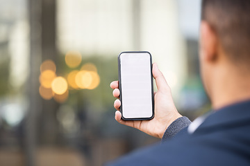 Image showing Mockup, screen or business man with phone for networking, social media or communication in London street. Search, travel or manager on smartphone for research, internet or blog content review outdoor