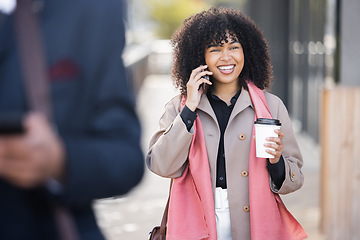 Image showing Happy, travel or business woman with phone call for contact us, speaking or networking in London street. Smile, 5g network or employee with smartphone for strategy, communication or success planning