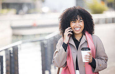 Image showing Happy, travel or black woman with phone call for contact us, speaking or networking in London street. Smile, 5g network or employee with smartphone for strategy, communication or success planning