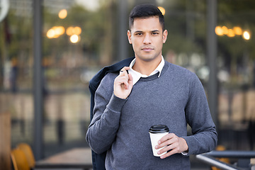 Image showing City portrait, coffee break and businessman confident, walking and on travel journey in urban San Francisco. Mockup employee, tea or relax worker, agent or person on morning commute to corporate work