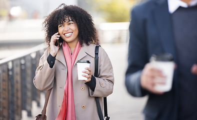 Image showing Happy, travel or business woman with phone call for contact us, schedule or networking in London street. Smile, 5g network or speaking on smartphone for strategy, communication or success planning