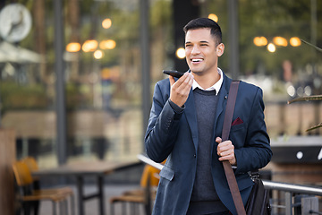 Image showing Happy, loud speaker or communication man with phone call for contact us, telemarketing or networking in London street. Smile, 5g network or employee with smartphone for strategy or success planning