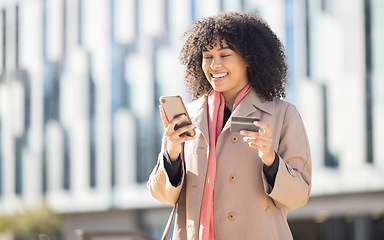 Image showing Phone, online shopping or black woman with credit card for payment, internet purchase or ecommerce in London street. Fintech, happy or employee for trading, banking or investment with smile in city