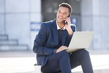 Image showing Thinking, phone call or business man with laptop for internet research, communication or networking. Happy, smile or manager in London street on 5g smartphone for social network, web or blog review