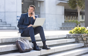 Image showing Communication, phone call or business man on laptop for internet research, success deal or networking. Happy, smile or manager in London street on 5g smartphone for social network, web or blog review