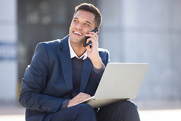 Image showing Happy, phone call or business man with laptop for internet research, communication or networking. Thinking, smile or manager in London street on 5g smartphone for social network, web or blog review