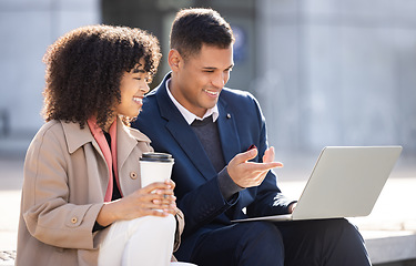 Image showing Collaboration, thinking or business people with laptop for internet research, 5g or networking. Innovation, data analysis or teamwork in London street on tech for social network, web or blog search