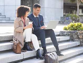 Image showing Search, happy or business people with laptop for internet research, communication or networking. Innovation, data analysis or teamwork in London street on tech for social network, web or blog review