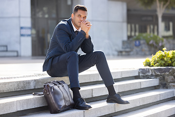 Image showing Stairs, depression and sad businessman thinking of career crisis, trading investment fail or unemployment. Mental health problem, office building or fired trader with lost job over stock market crash