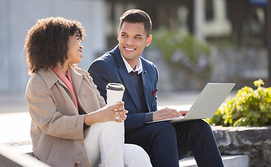 Image showing Data analysis, diversity or business people with laptop for advertising strategy, web SEO growth or research. Teamwork, happy or manager on tech planning, social media or networking in London street