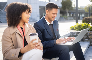 Image showing Working, search or business people on laptop for corporate strategy, web SEO growth or research. Teamwork, smile or typing on tech planning, social media or networking review in London street stairs