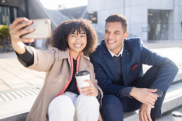 Image showing Phone selfie, coffee break and businessman and happy woman with photo memory of relax people in New York. Corporate team, agent and African employee partnership of company worker on urban city stairs