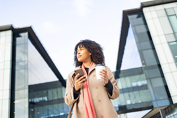 Image showing City travel, phone or black woman walking to work, corporate job or relax commute journey in urban New York. Digital mobile, architecture buildings or bottom view of girl typing online website search