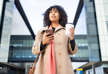 Image showing City walking, smartphone and black woman travel to work, corporate job or relax commute journey in New York USA. Digital mobile, architecture buildings or bottom view of girl typing on online website