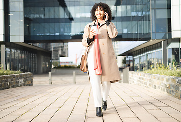 Image showing Phone call communication, walking and happy black woman networking, talking and on 5g conversation in New York. Urban architecture, sales agent or relax employee on morning commute to office building