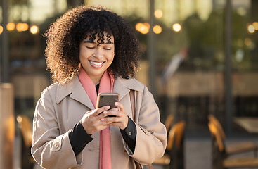 Image showing Travel, happy business woman with phone for networking, social media or communication in London street. Search, smile or manager with smartphone for research, internet or blog content review outdoor