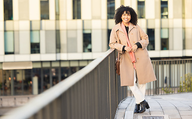 Image showing Portrait, business and city with a full body black woman outdoor in the morning on her commute to work. Working, vision or mindset and a female employee with a mission of future growth or success