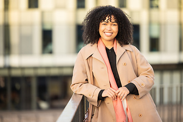 Image showing Portrait, fashion and city with a business black woman outdoor in the morning on her commute to work. Working, vision or mindset and a female employee with a mission of future growth or success