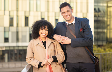 Image showing Portrait, collaboration or city with a business man and woman together outdoor for future growth or success. Teamwork, mindset and vision with a male and female emloyee team standing in an urban town