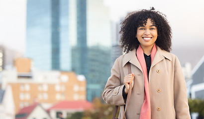 Image showing Black woman, business portrait and smile of a young professional happy by urban building. Worker, city smiling and happiness of a female employee by buildings excited about work success with mock up