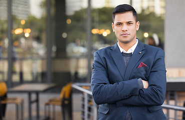 Image showing City portrait, confidence and business man, real estate agent or property developer with arms crossed in urban New York street. Mockup worker, confident person or businessman with serious expression
