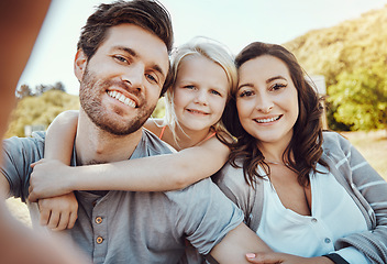 Image showing Selfie, park and portrait of girl with parents enjoy quality time on holiday, weekend and nature together. Family, love and happy child, mom and dad smile for bonding, relax and adventure in summer