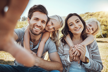 Image showing Selfie, park and portrait of children with parents enjoying quality time in nature, weekend and holiday. Family, love and happy girls, mom and dad smile for photo bonding, relax and fun together