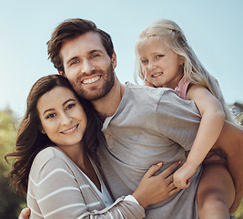 Image showing Portrait of mother, father and girl in park for quality time on holiday, weekend and adventure together. Family, love and happy child piggyback parents smile for bonding, relax and freedom in summer