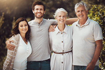 Image showing Family, hug and portrait smile for happy summer vacation, holiday break or quality bonding time together in nature. Men and women in generations smiling in happiness for weekend trip or adventure